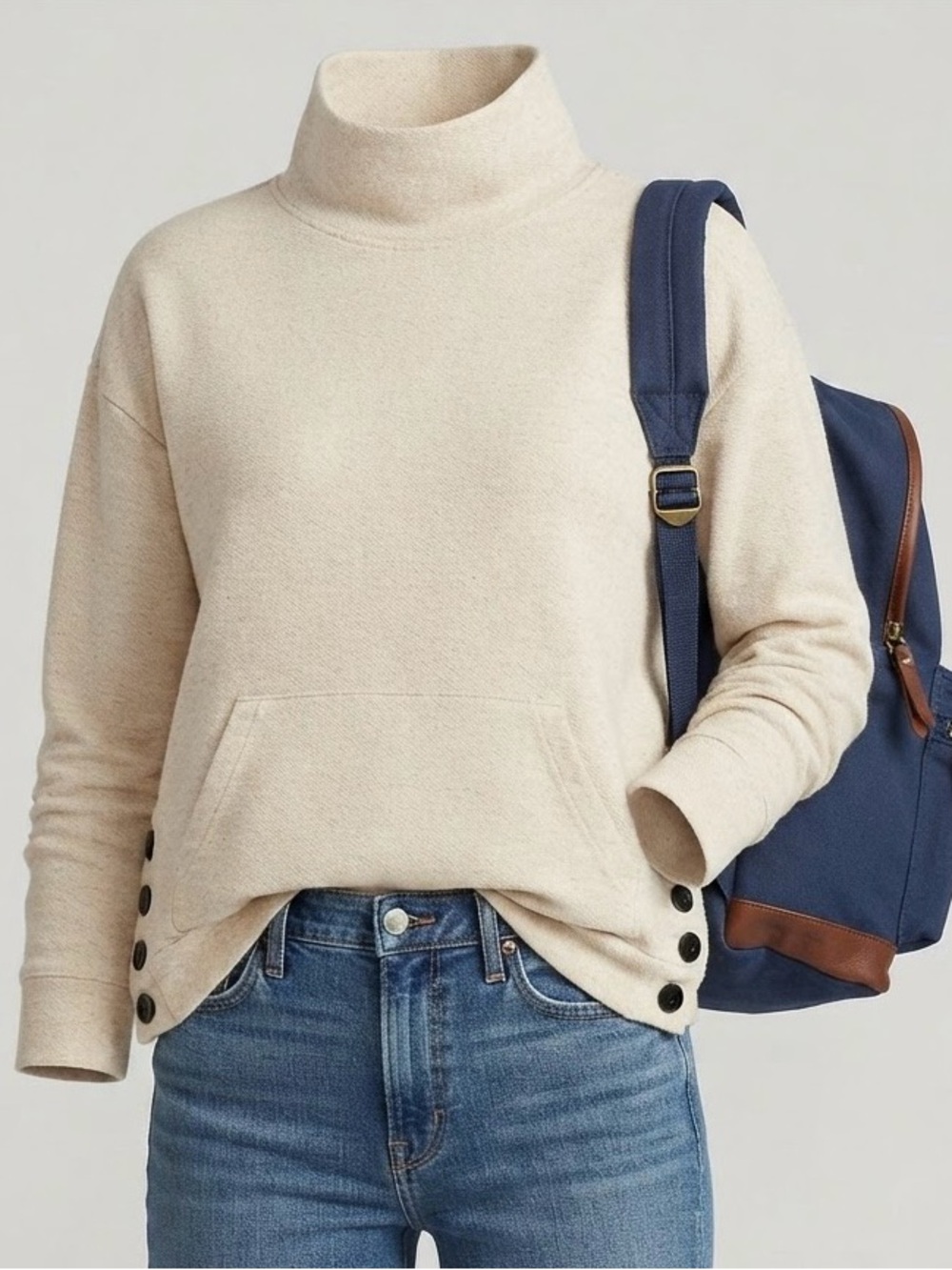 Source Unknown Cream Turtleneck Pullover with Side Buttons